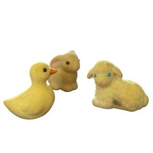 Vintage Flocked Animal Trio • Duck, Bunny & Lamb • Mini 1.5–2” Set
